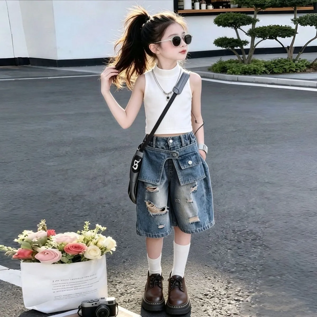 

Teenage Girl Summer Outfit Fashion New Mid-Size Denim Vest And Jeans Two-Piece Set for Preteen And Tweens