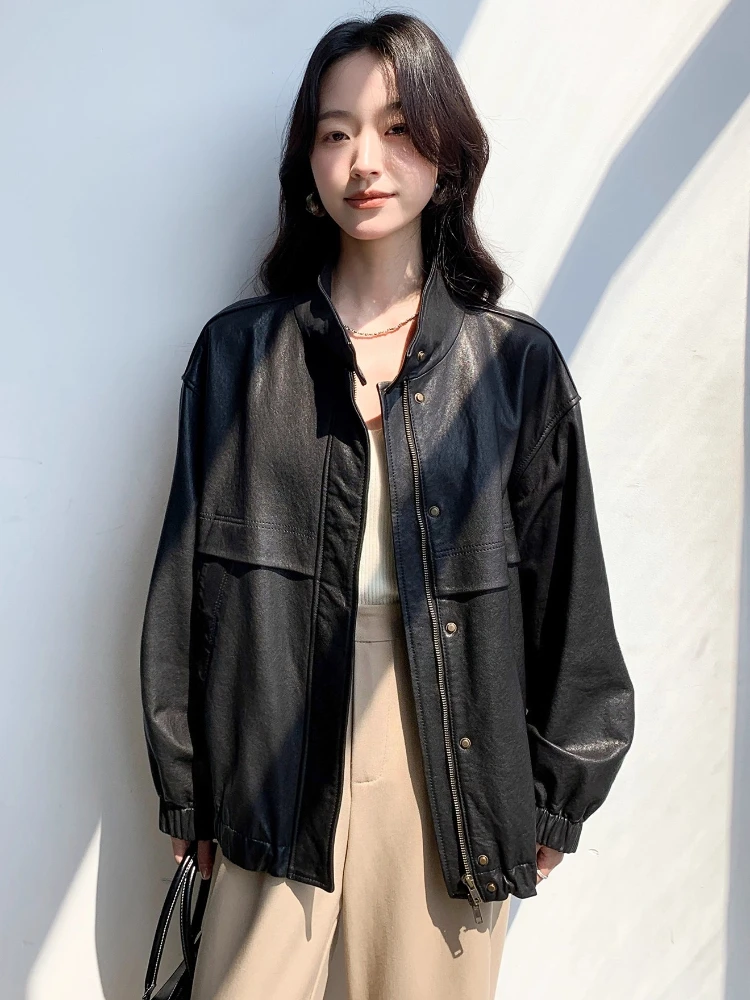 여성을위한 빈티지 정품 가죽 카고 재킷 봄 가을 하이 엔드 단순 스탠드 칼라 느슨한 부드러운 블랙 진짜 양피 코트