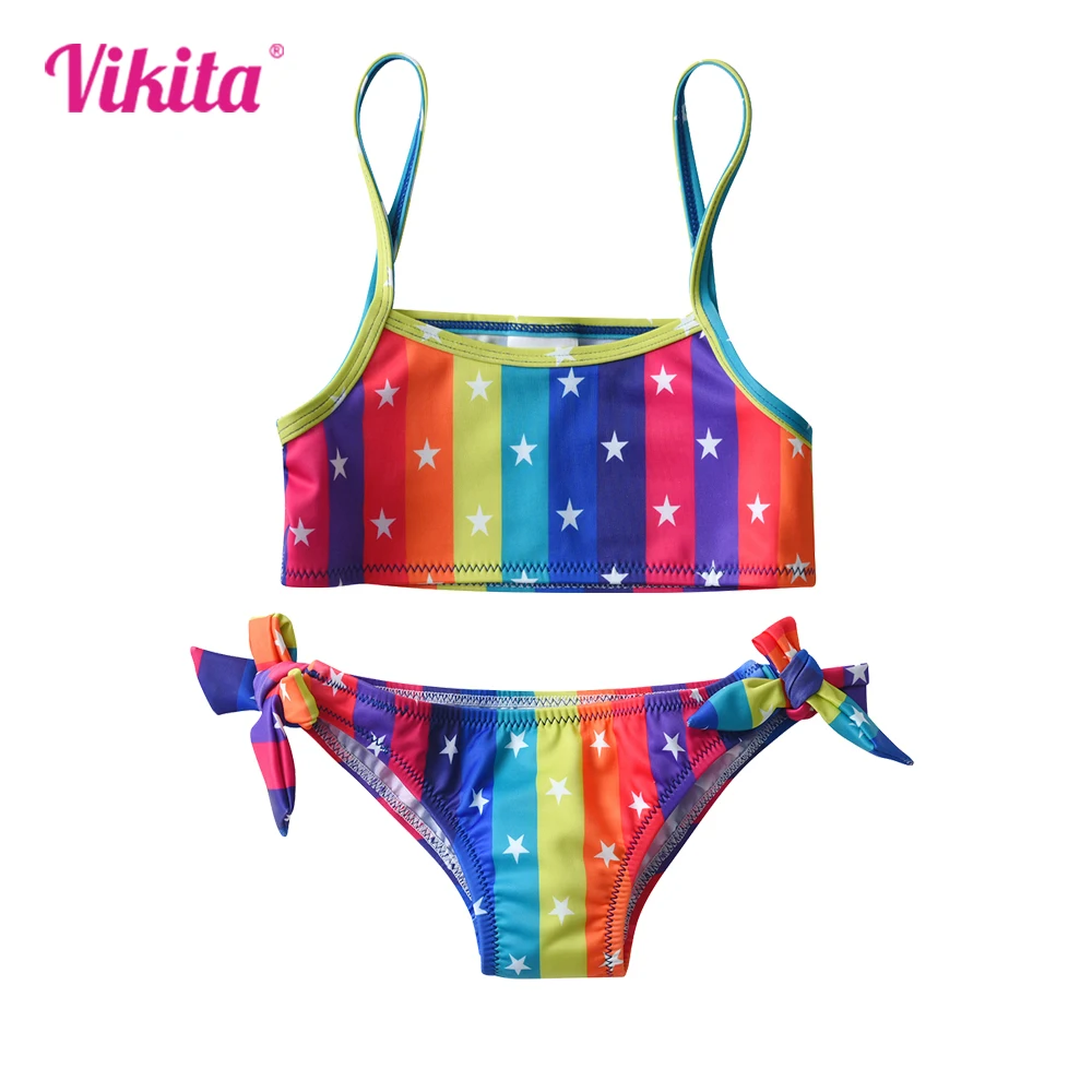 VIKITA Kids Swimwear Sets Girls Rainbow Colorful Striped Star Print Swimming Wear Beach Travel Fashion Cute Bikini Kids Clothing