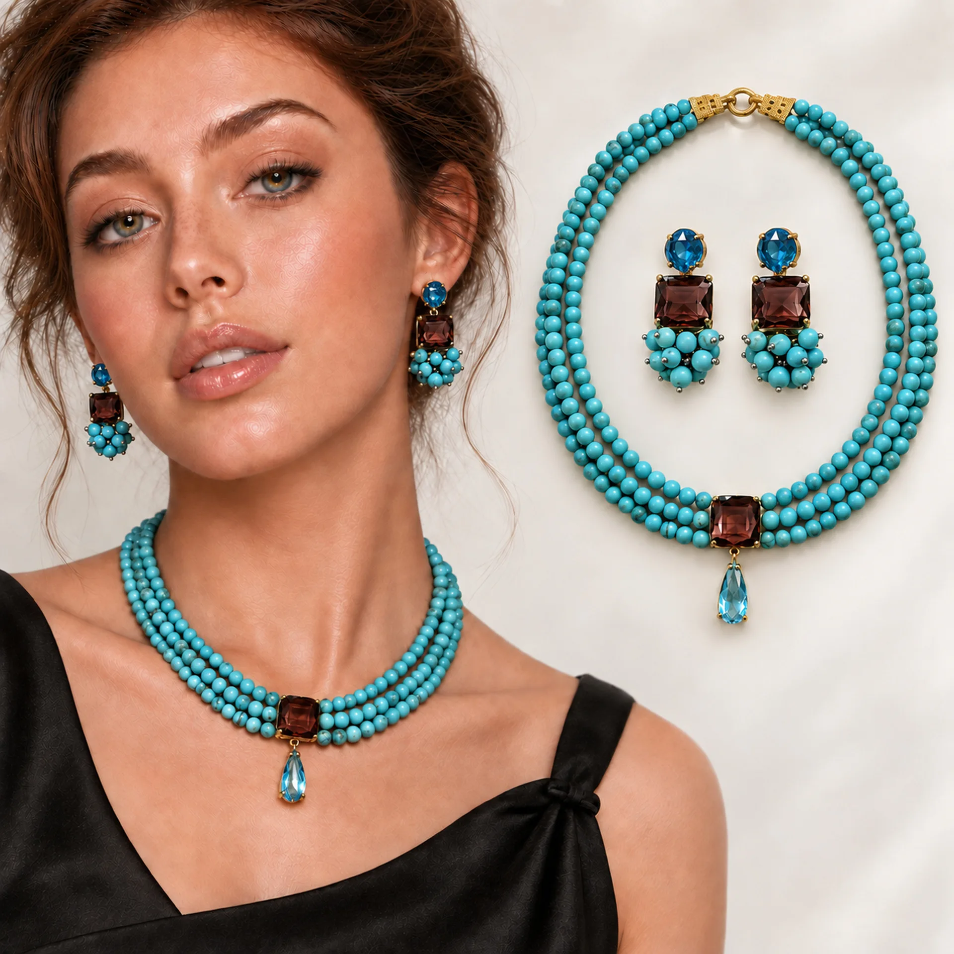 Luxury Handmade Bohemian Turquoise Necklace & Earring Two-Piece Set, Women Banquet Wedding Jewelry Set with Ring Gift