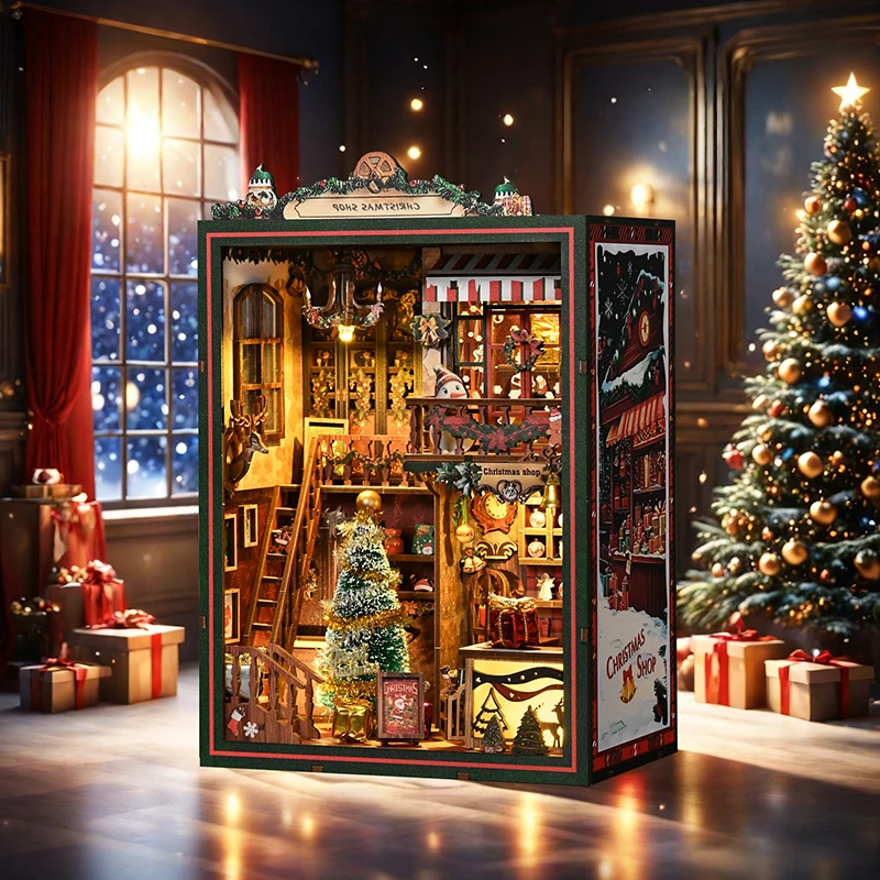 NUOVO libro fai da te Nook kit modello in miniatura in legno negozio di Natale fermalibri puzzle 3D con libreria leggera per regali di compleanno di amici