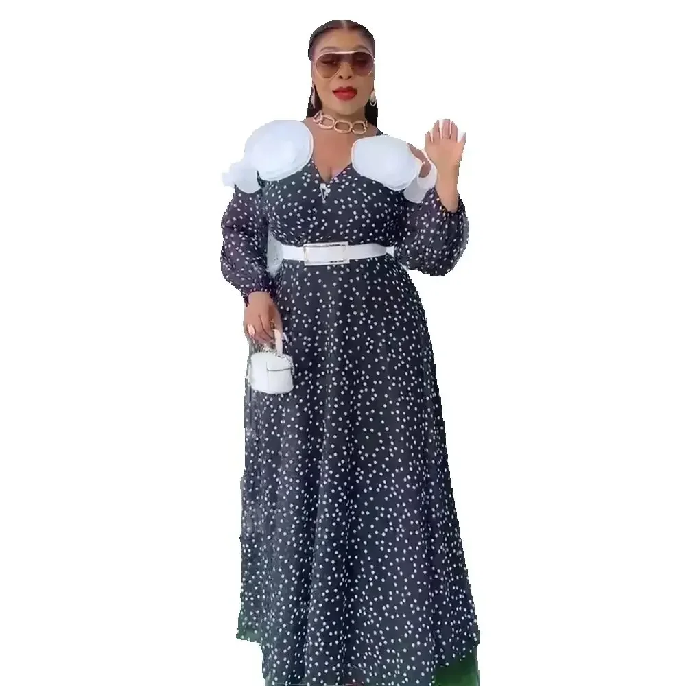 

African Dresses for Women Flower Evening Party Dress Ankara Dashiki Africa Clothing Polka Dot Kaftan Dubai Abaya Wedding Gown