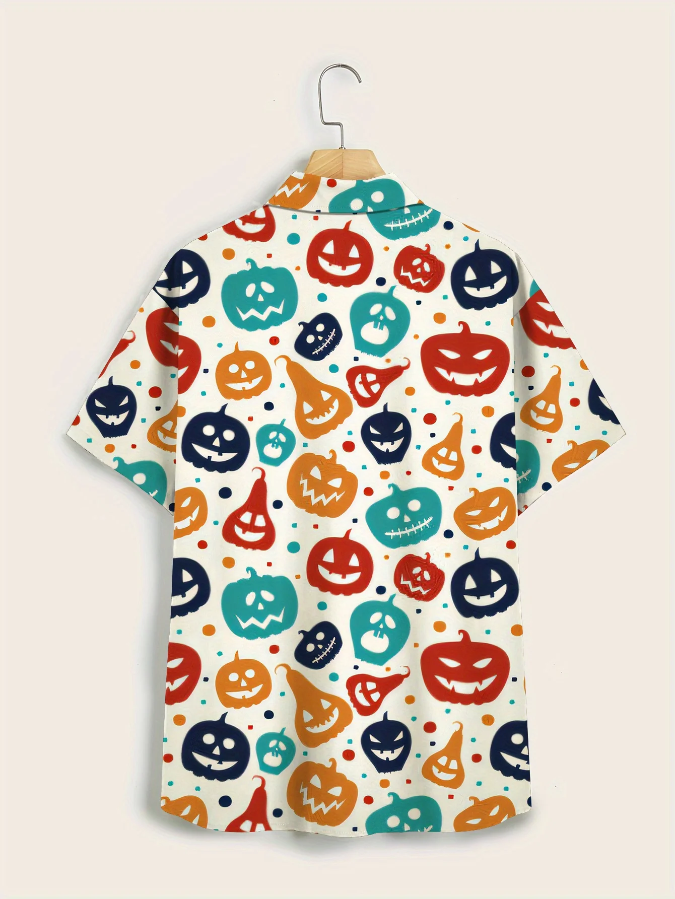 Men Halloween Colorful Cartoon Pumpkin Print Short Sleeve Shirt Lapel Collar Holiday Party Casual Tops