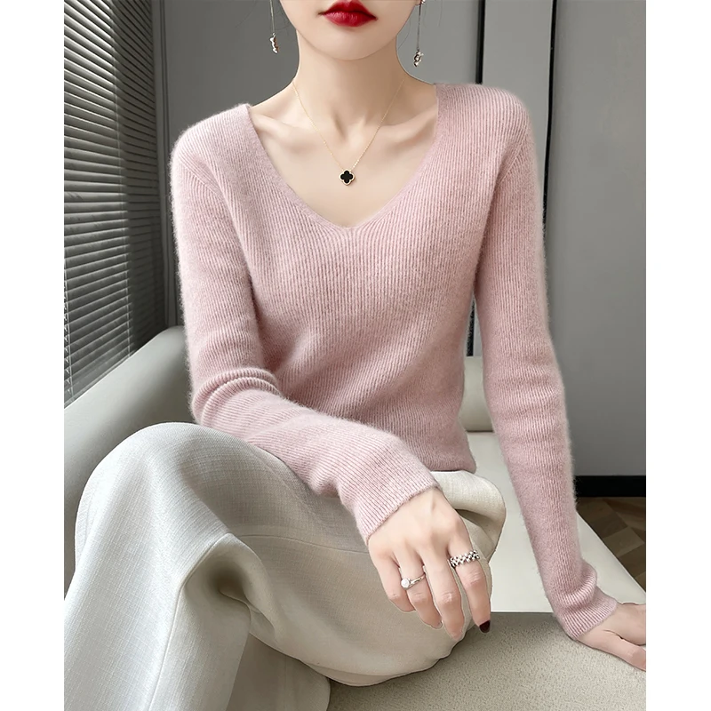 100% merino sweater women\'s V-neck pullover slim knit bottoming shirt long sleeve threaded cashmere top