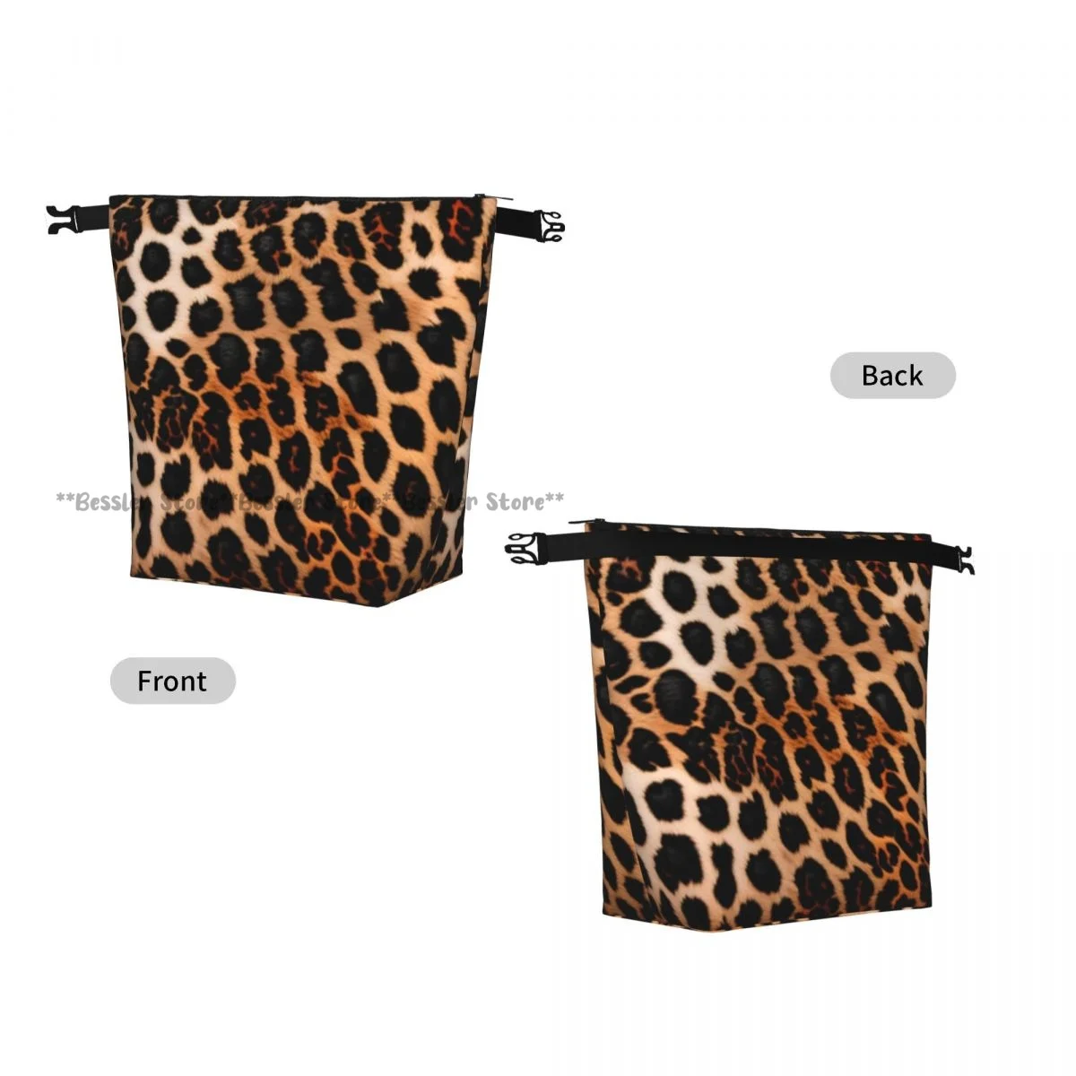 Foldable Roll-Top Thermal Lunch Bag Leopard Texture Insulation Lunch Box Carrier for Picnic Hiking