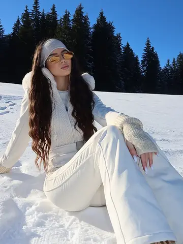 Women's Chic White Hooded Ski Jumpsuit with Waist Belt Warm Snowproof One-Piece Snow Wear Winter Sports Fashion Lady Snowsuit