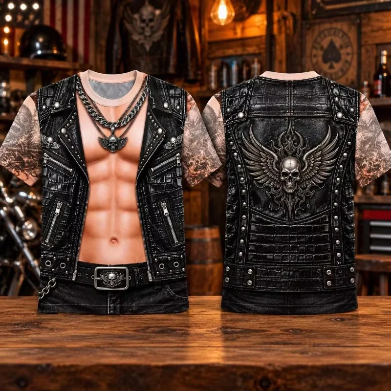 Biker Skull Wing 3D Print T Shirt Fake Leather Vest Design Short Sleeve Tee Mens Motorcycle Casual Top