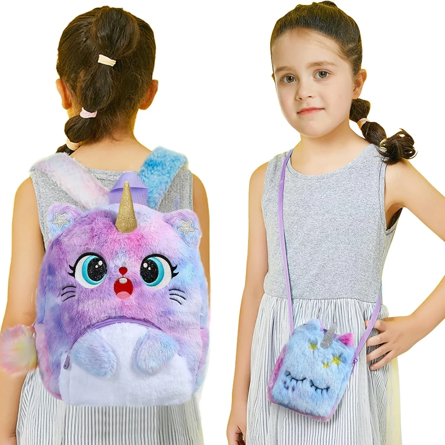 Unicorn Cat Backpack Purse Set Kawaii Cute Colorful Unicorn Cat Kitty Shoulder Bag Gift Set for Toddler Girls