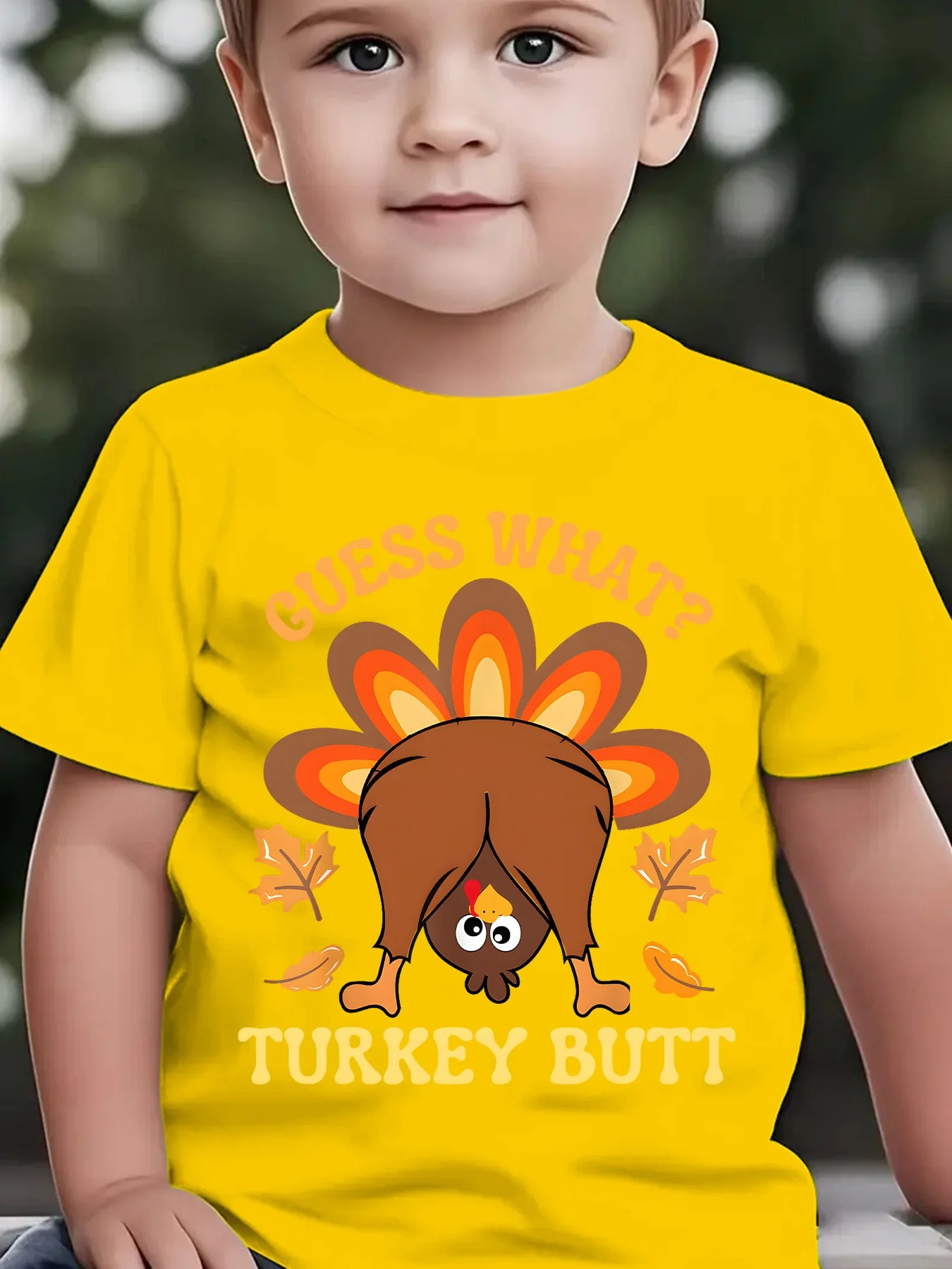 Boys‑Thanksgiving‑Funny‑Guess‑What‑Turkey‑Butt‑Slogan‑Cartoon‑Turkey‑Head‑Print‑Crew‑Neck‑Short‑Sleeve‑Kids‑T‑Shirt