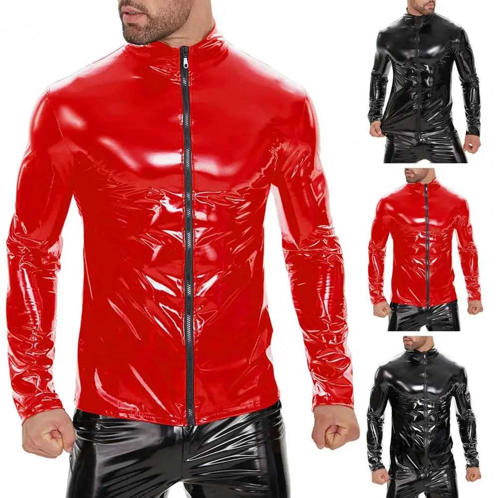 

Men High-gloss Faux Leather Jacket Stylish Men's Faux Leather Jacket with Stand Collar Zipper Closure for Nightclub Party Wear