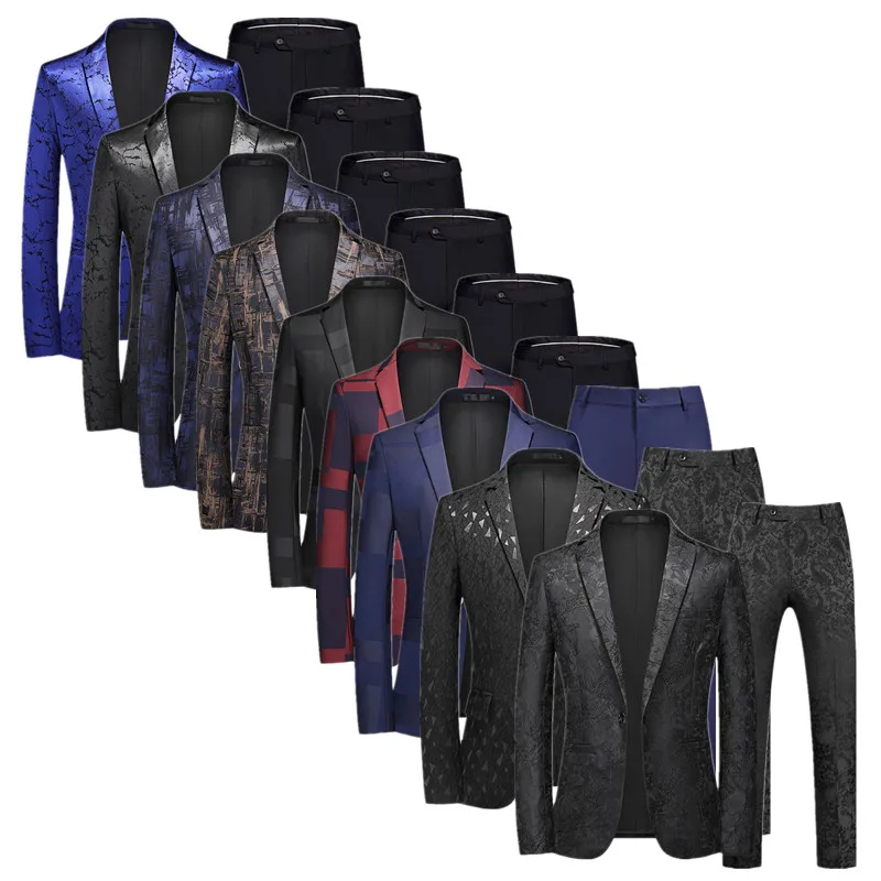 Marca de moda masculino jacquard terno clássico preto/branco/azul negócios casamento banquete festa vestido masculino blazers e calças