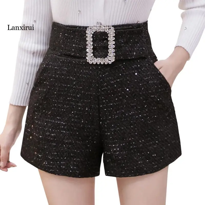 

Fashion rhinestones tweed shorts women autumn winter sequin black womens shorts glitter diamonds belt high waist short femme