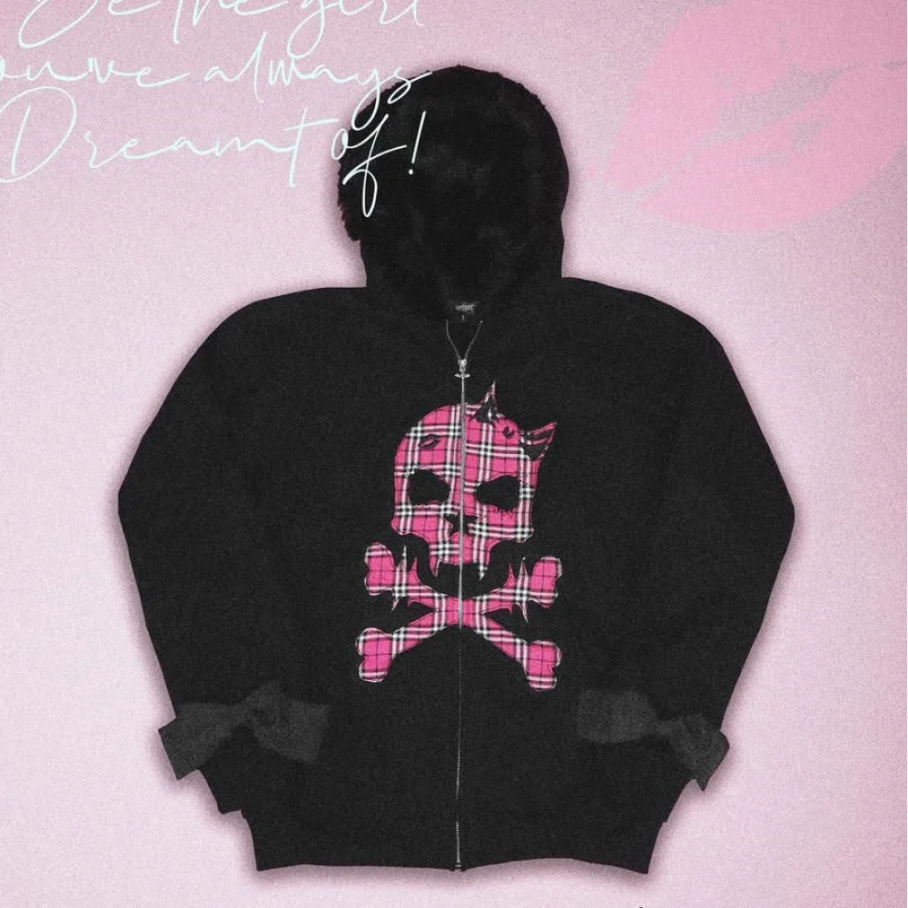 Y2K Gothic Faux Fur Hood Zip Up Hoodie Pink Plaid Skull Crossbones Print Oversized Sweatshirt Punk Grunge Harajuku Streetwear