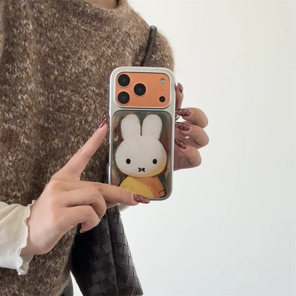 

Electroplated Cute Oil Painting Rabbit Phone Case Shockproof for iPhone 17 Pro 16 Pro Max 13 14 15 Fundas Cartoon Back Cover