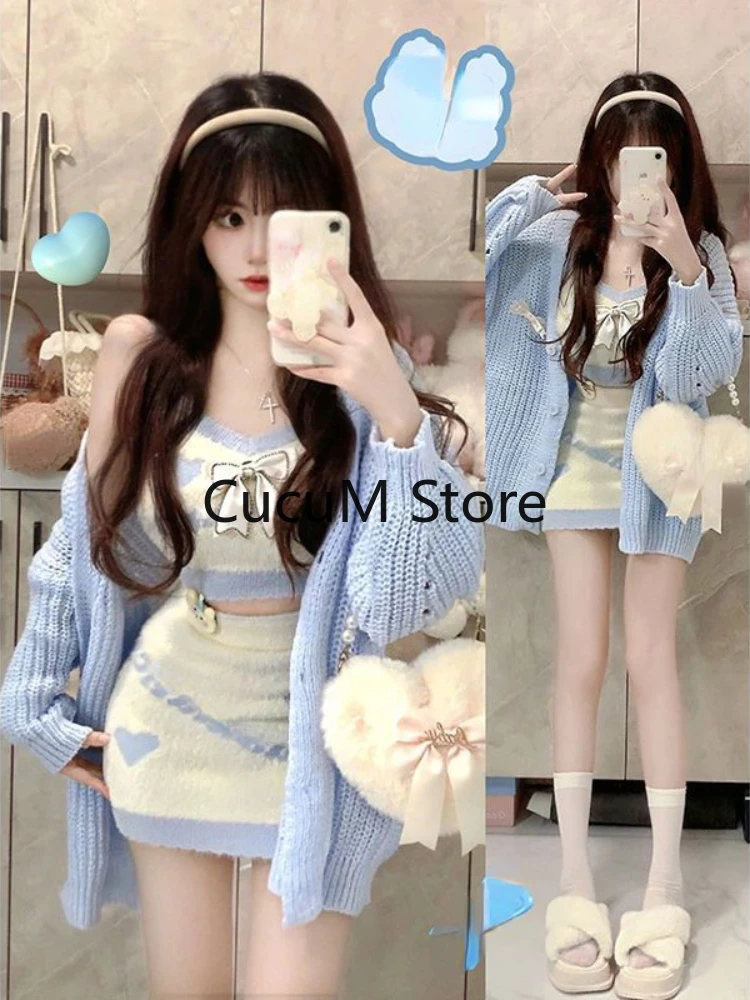 Blue Knitted Suit Woman Loose Casual Sweater + Sexy Vest + Slim Bodycon Mini Skirt Korean Fashion Y2k 3 Piece Skirt Set 2023