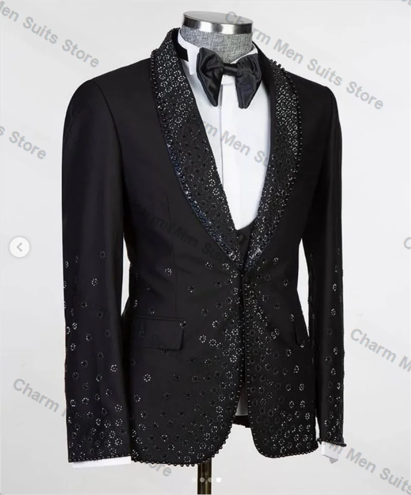 Crystals Black Men Suits Pants Set 3 Pcs Blazer+Vest+Trouser Customized Wedding Tuxedo Cotton Formal Office Wedding Prom Jacket