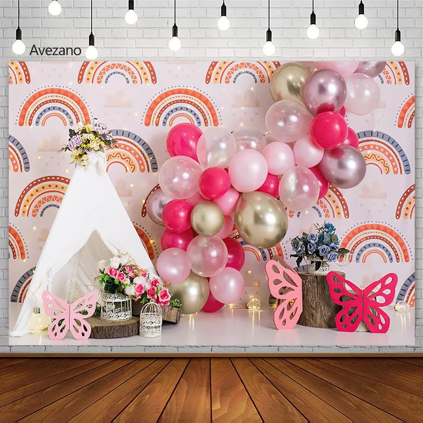 

Avezano Spring Pink Balloon Photography Backdground Rainbow Newborn Butterfly Birthday Portrait Cake Smash Backdrop Photo Studio