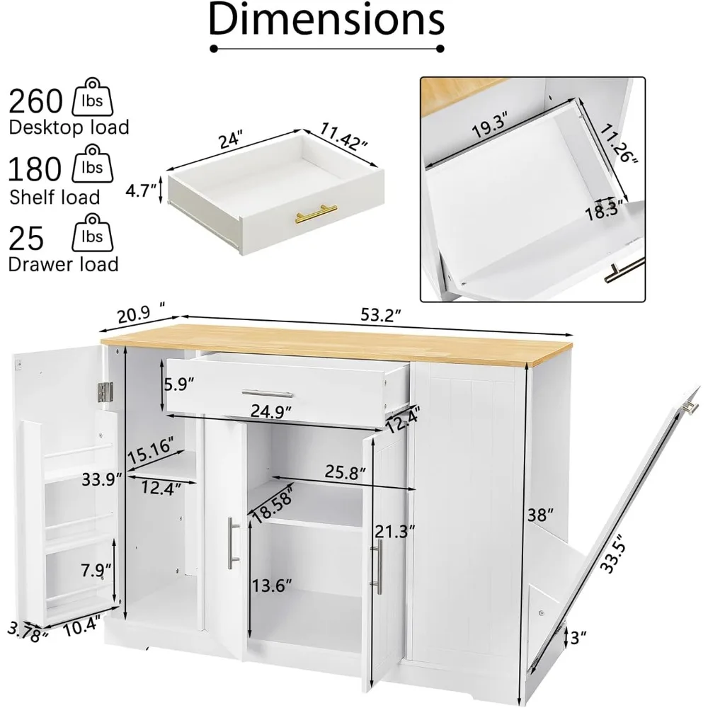 Farmhouse Style 53-Inch Mobile Kitchen Island with Storage, Drawers, and Built-in Trash Bin, featuring a Butcher Block Top for F