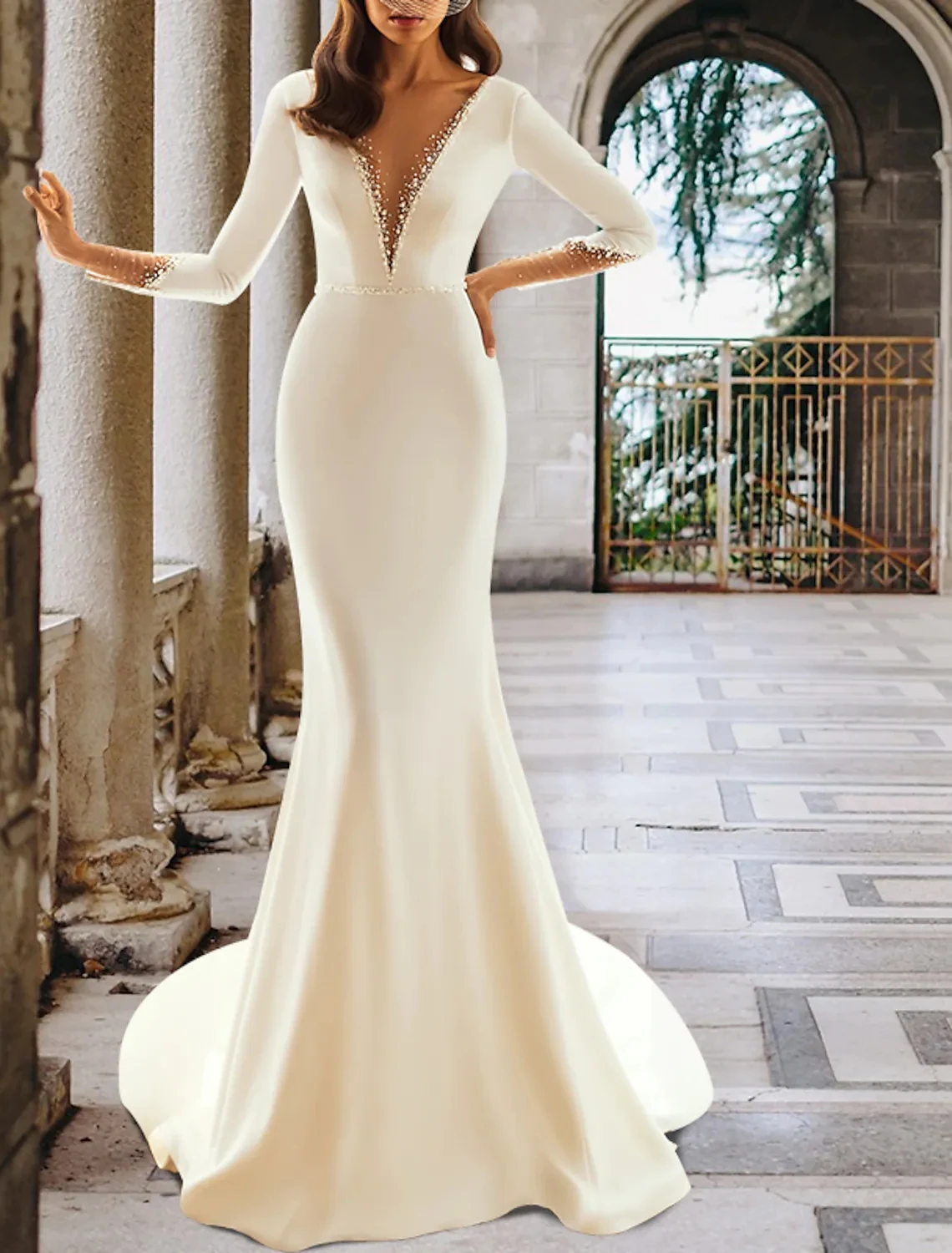 

Sexy Backless Women Wedding Dresses 2022 Illusion V Neck Court Train Satin Long Sleeve Beads Bridal Gown Robe De Mariage