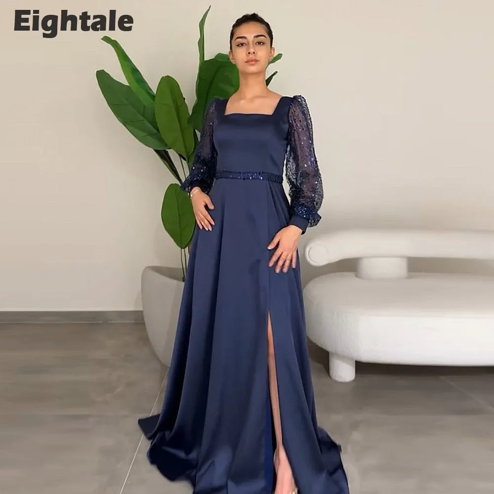 

Eightale Navy Blue Evening Dress Long Sleeves Sequined A-Line Belt Side Slit Satin Prom Wedding Party Gowns Hochzeitspartykleid