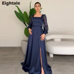 Eightale Navy Blue Evening Dress Long Sleeves Sequined A-Line Belt Side Slit Satin Prom Wedding Party Gowns  Hochzeitspartykleid