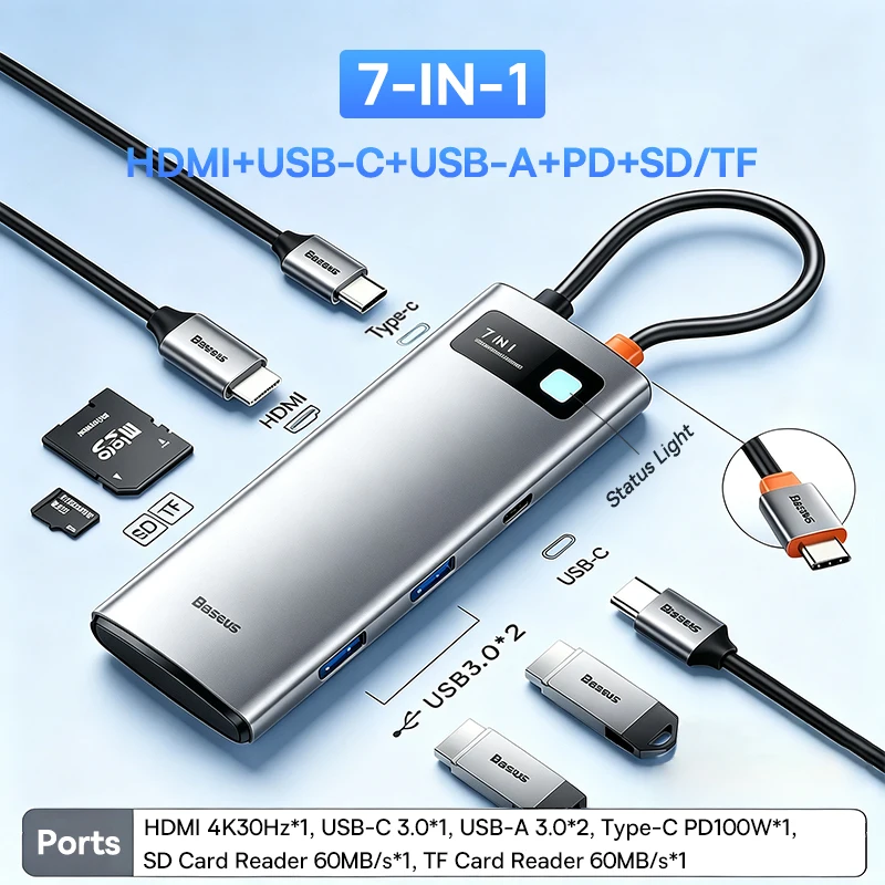 Baseus USB-C Hub HDMI 4K 60Hz 6-in-1 Adapter Snelle 10Gbps USB 3.2 Splitter Type-C PD100W met RJ45 voor Laptop Macbook Pro Air Hub