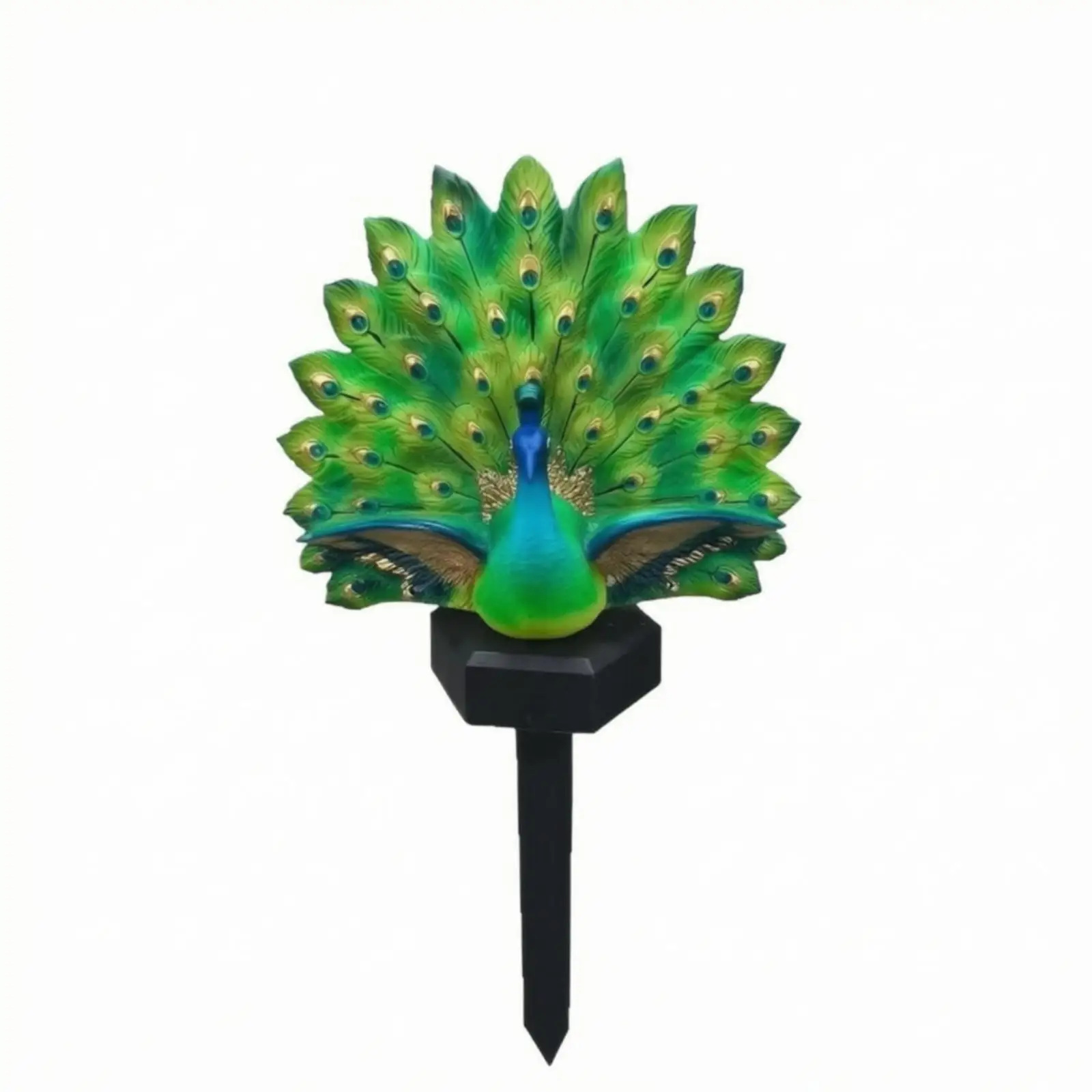 Peacock Solar Garden Lamp for Ground Insertion with Teal Resin Finish and Ornamental Circle Markings