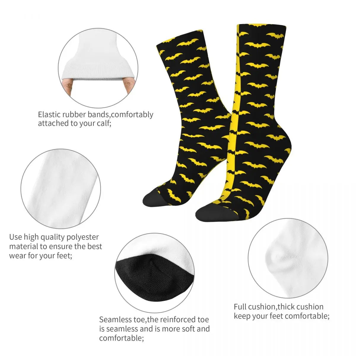 Hip-hop Black And Yellow Bat Pattern Basketball Socks Animal Polyester Crew Socks for Unisex