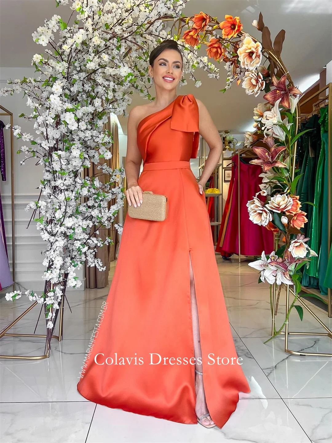 

2025 Customized One-Shoulder Sleeveless A-Line Silt Orange Prom Dresses Evening Dress Women Evening Gowns Formal Party Dress