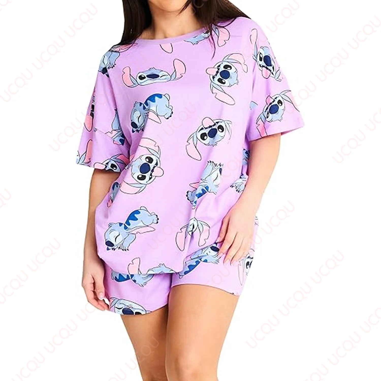

Disney Lilo and Stitch for Women Pajamas 2-Piece Set Child Summer Loose Outfit Hot Sale Faddish Casual T-shirt Set