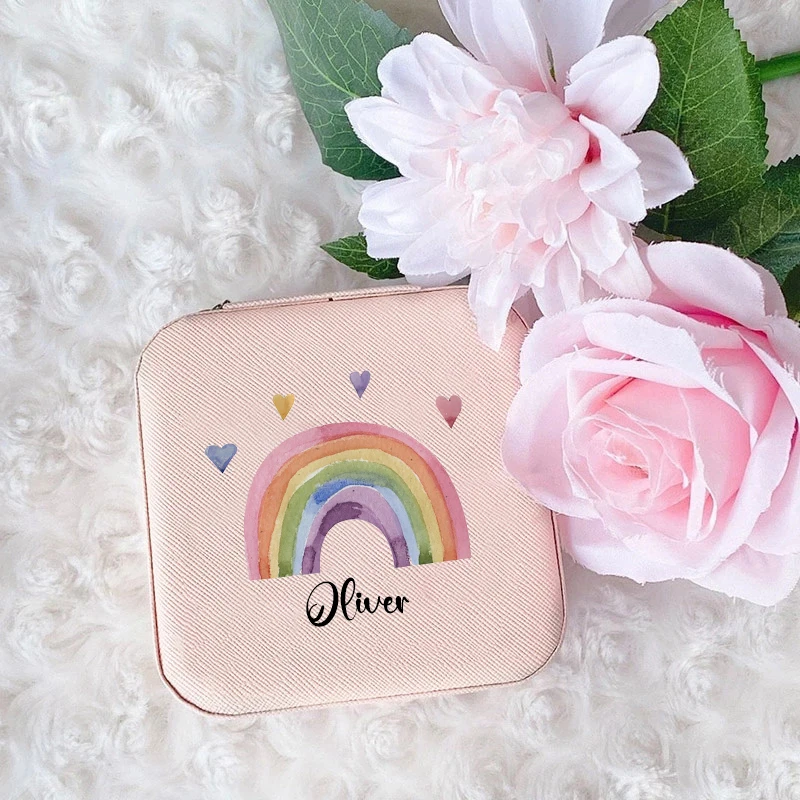 Personalized Jewelry Box Travel Jewelry Case with Name Mother\'s Day/Birthday/Holiday/Gifts Rainbow Ring Necklace Storage Boxes