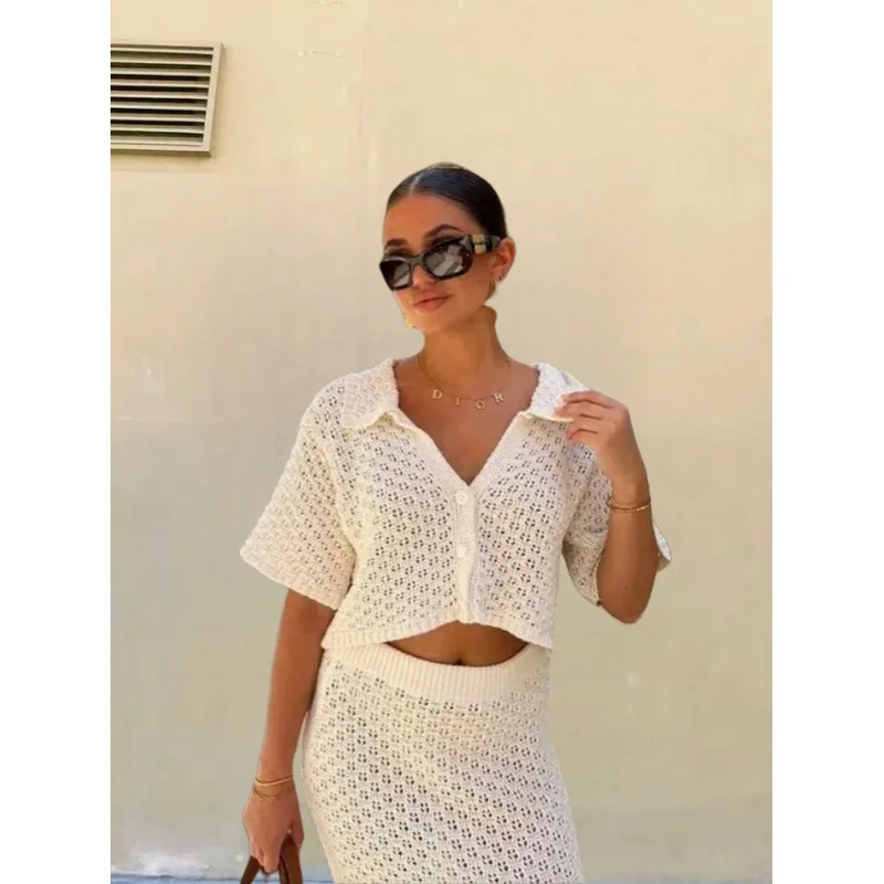 

Beach Kintted Long Skirt Suit Women Hollow Button Cropped Top Maxi Skirts 2024 New Summer Crochet Female 2 Piece Set Outfits