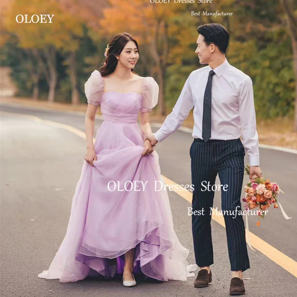 

OLOEY Lavender Organza Evening Dresses Puff Short Sleeves Sweetheart Organza Corset Back Prom Gowns Garden Wedding Photoshoot