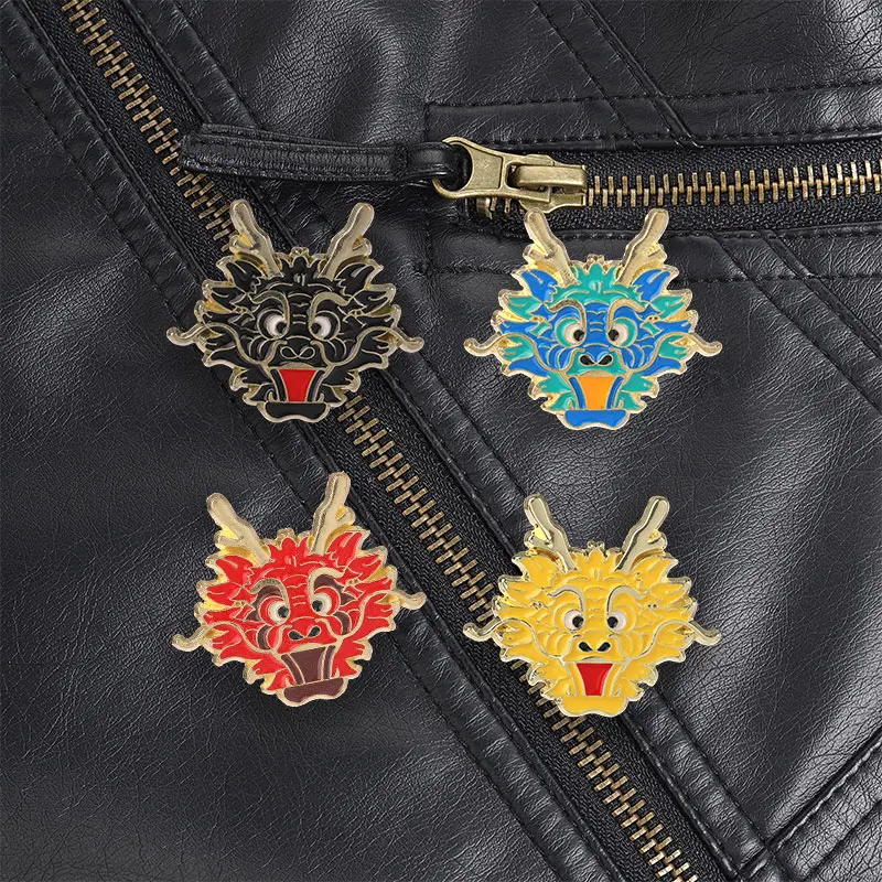 Blue Green Dragon Head Enamel Pin Cute Chinese Style Cartoon Q Version Gold Outline for National Trend Outfit Lucky Gift