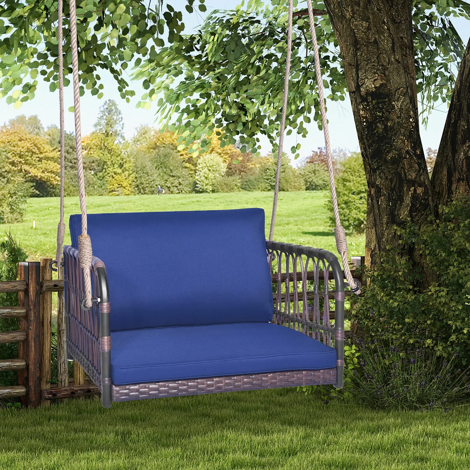 

Patio Rattan Porch Swing Single Person Hanging Seat w/Seat & Back Cushions