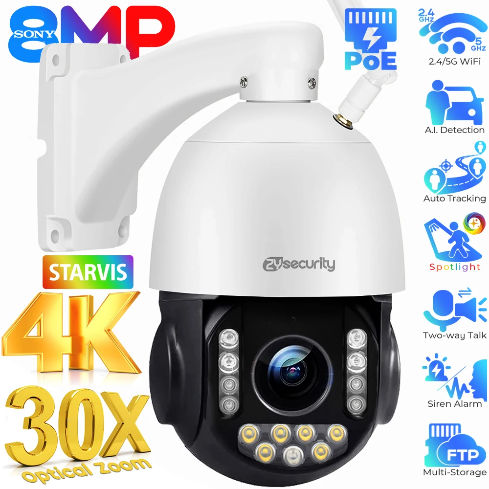 

4K 30X Zoom Surveillance Camera Outdoor 8MP WiFi PoE Dome PTZ IP Cameras Auto Tracking Auto Zoom Security Cameras CamHipro APP