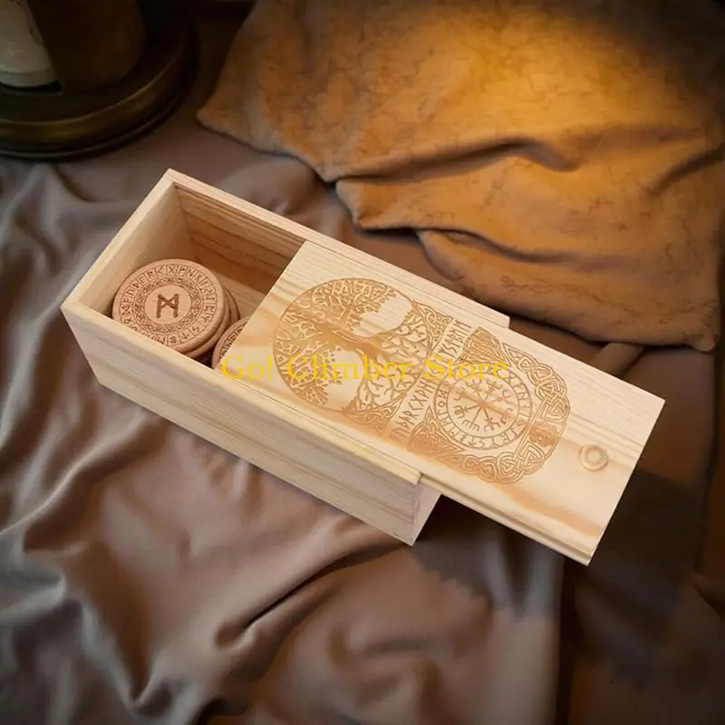 Q84C Premium Wooden Runes Casting Set Age Symbols Portable Divination Tools for Mystical Practice Cultural Study