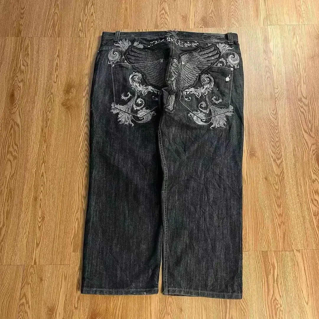 American jeans embroidered skull pants Y2K high street summer loose denim trend retro hip-hop casual jeans street wear