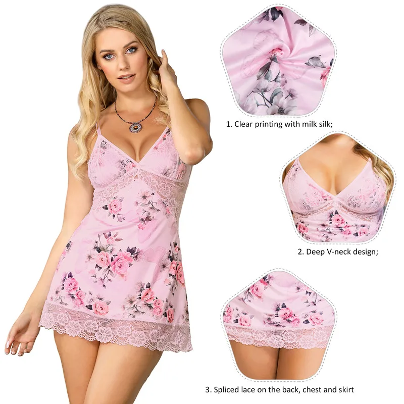 Comeondear Floral Print Women Sleepware Plus Size 5XL Sleeping Dress Lace-up Sexy Nightgowns Comfortable Nightdress Lingerie