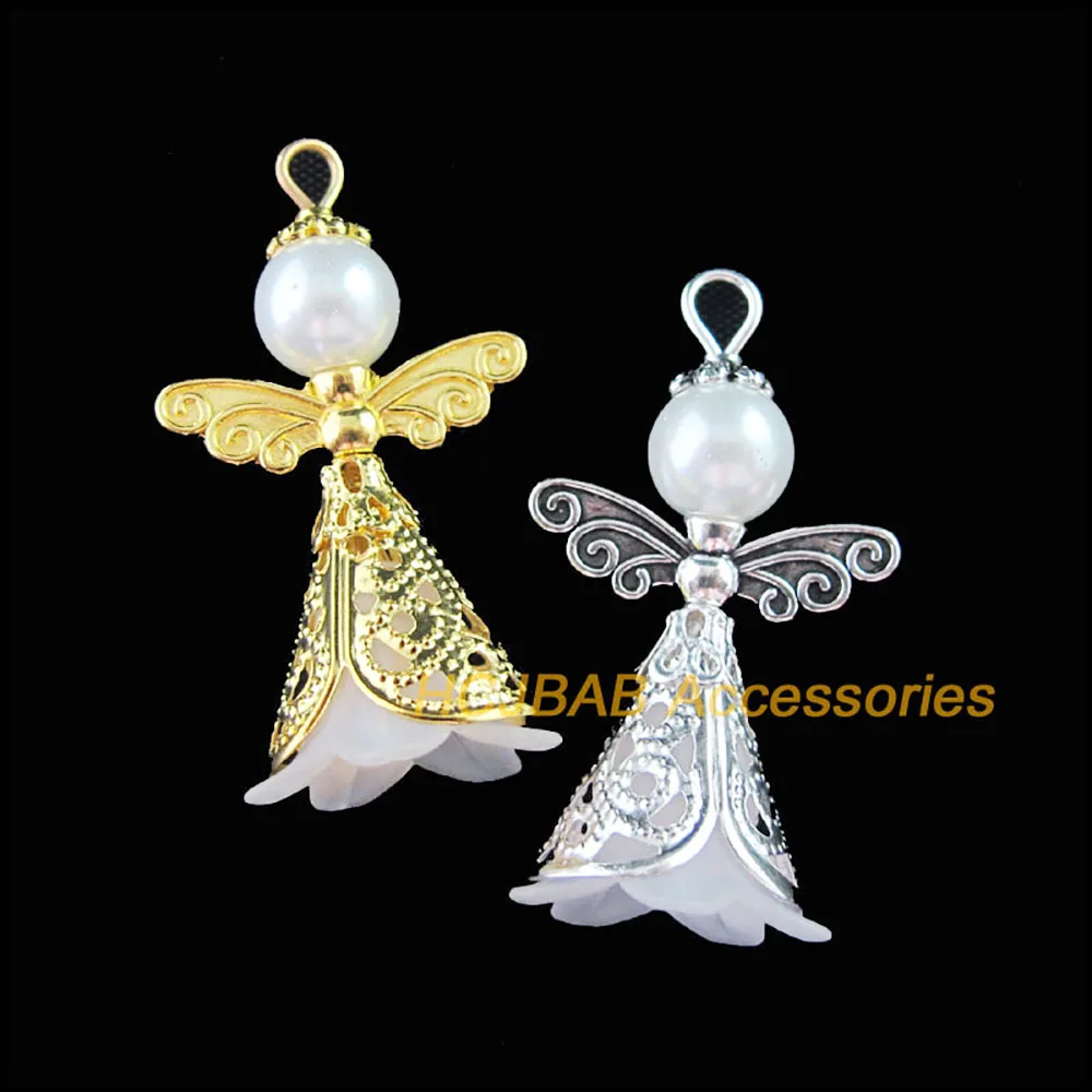 8 New Tibetan Silver Plated Gold Color Charms White Acrylic Angel Wings Pendants 22x37mm