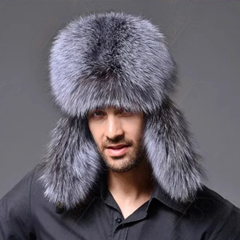 Russian Bomber Hat Men Winter Hats with Earmuffs Trapper Earflap Cap Man Thick Faux Fur Ushanka Cap Leather PU