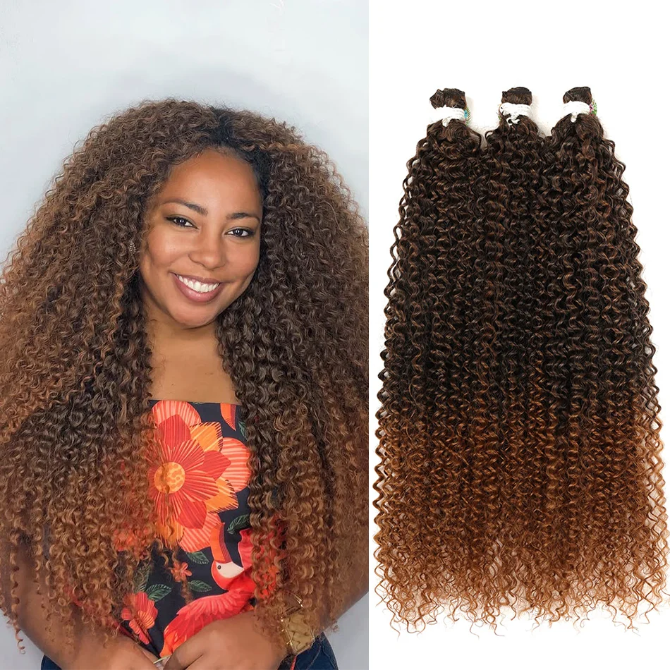 MEEPO Synthetische verworrene lockige Haarbündel, 3 Stück/100 g, 61–71,1 cm, Ombre Brown Jerry Curly Crochet Haarverlängerung für Frauen