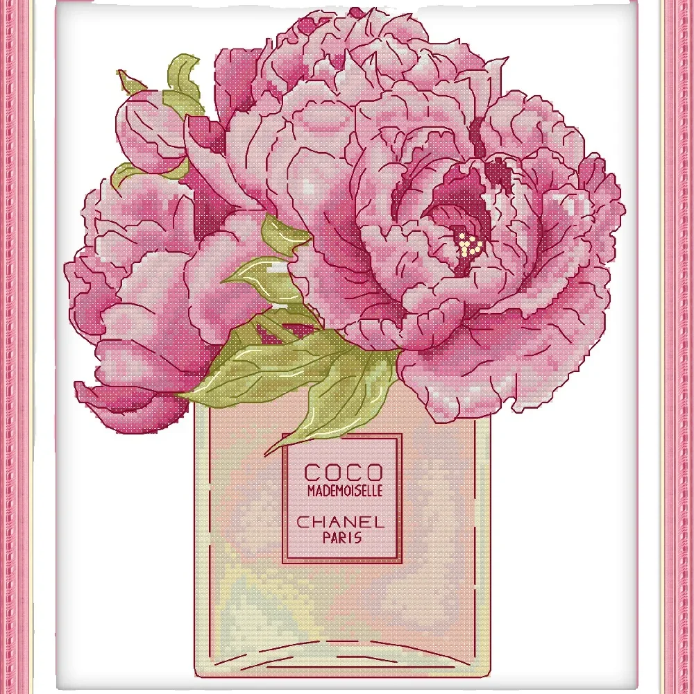 Joy Sunday Pre-printed Cross Stitch Kit  Easy Pattern Aida  Stamped Fabric Embroidery Set-Peony Flower and Perfume Bottle