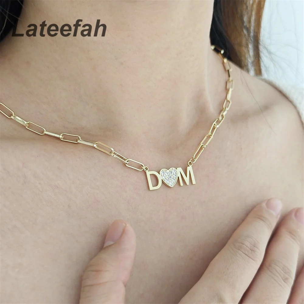 Lateefah Diamond Pendant Gold Pendant Thick Chain Crystal Heart Custom Letter Necklaces Mother Day Mama Necklace Initial Letter