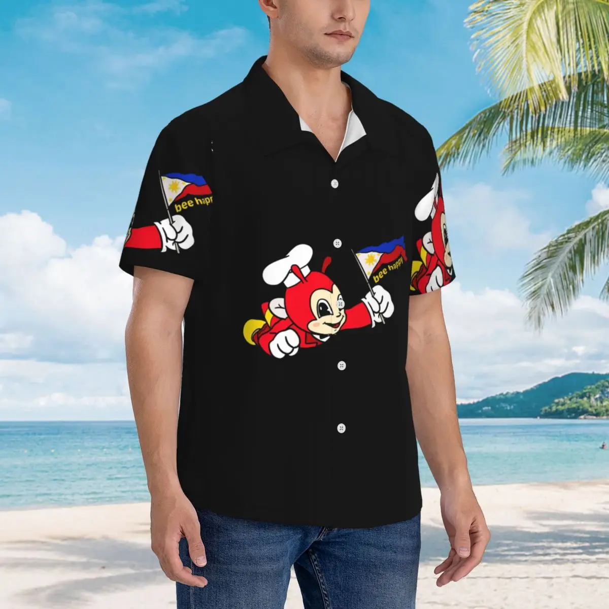 

JOLLIBEE BEE HAPPY PHILIPPINE FLAG STICKER Гавайские рубашки Повседневная мужская рубашка с коротким рукавом для лета, пляжа, мужские топы с лацканами