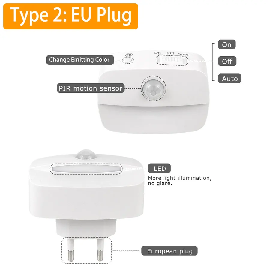 Imagem -04 - Sensor de Movimento Led Night Light Plugue ue 220v Alimentado por Bateria Detector de Movimento Lâmpada para Quarto Armário Cozinha Banheiro Escada