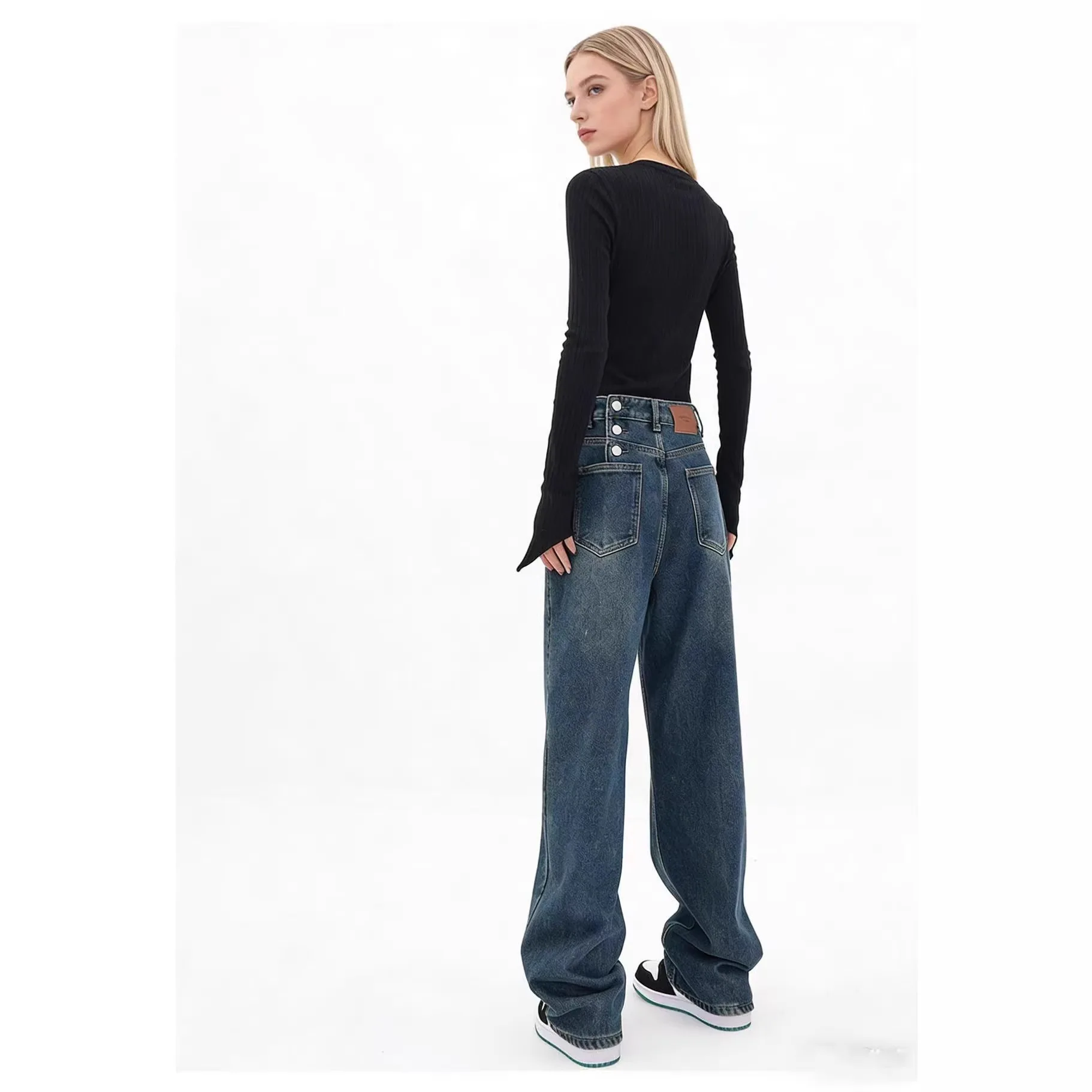 2026 American Style Women Retro Blue Loose Fit Simple Basic Casual Daily Wide Leg Straight Jeans Pants Female Denim Trousers
