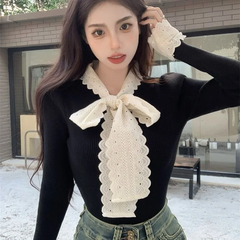 

Осенне-зимний женский свитер с кружевным узлом, облегающий вязаный длинный свитер Sve Base irt Top Street Sle, обычный тонкий