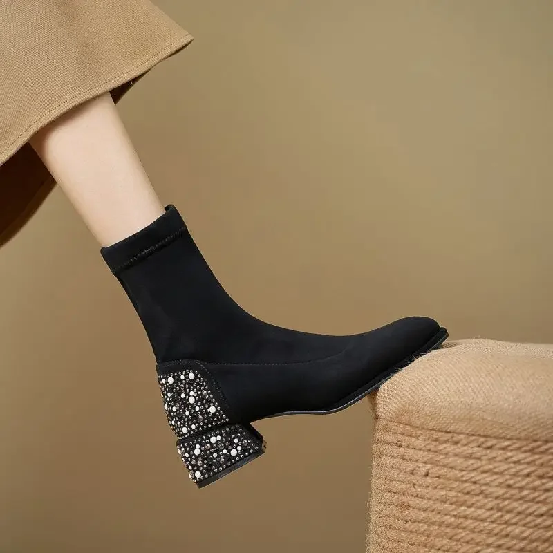 Booties New In Rhinestone Female Short Shoes Autumn Boot Chic and Elegant Winter 2025 Women\'s Ankle Boots Trend Sale Pu On Offer