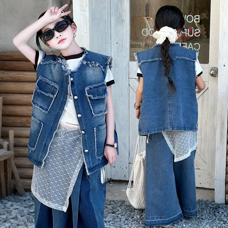 design teen girls fringed denim clothes suit sleeveless retro vest+wide leg jeans 2pcs junior kids pants suit child outfits 4-14